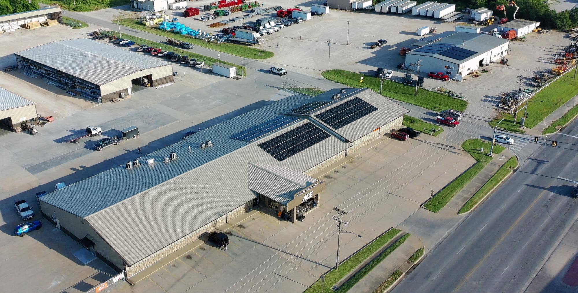 Aerial view of the Cleaver campus with rooftop solar, Chanute